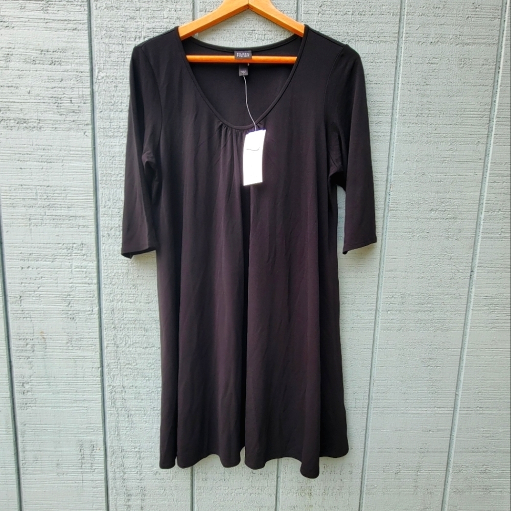NWT Eileen Fisher Silk S Mesh Stretch Jersey Shift Dress size Large Black LBD